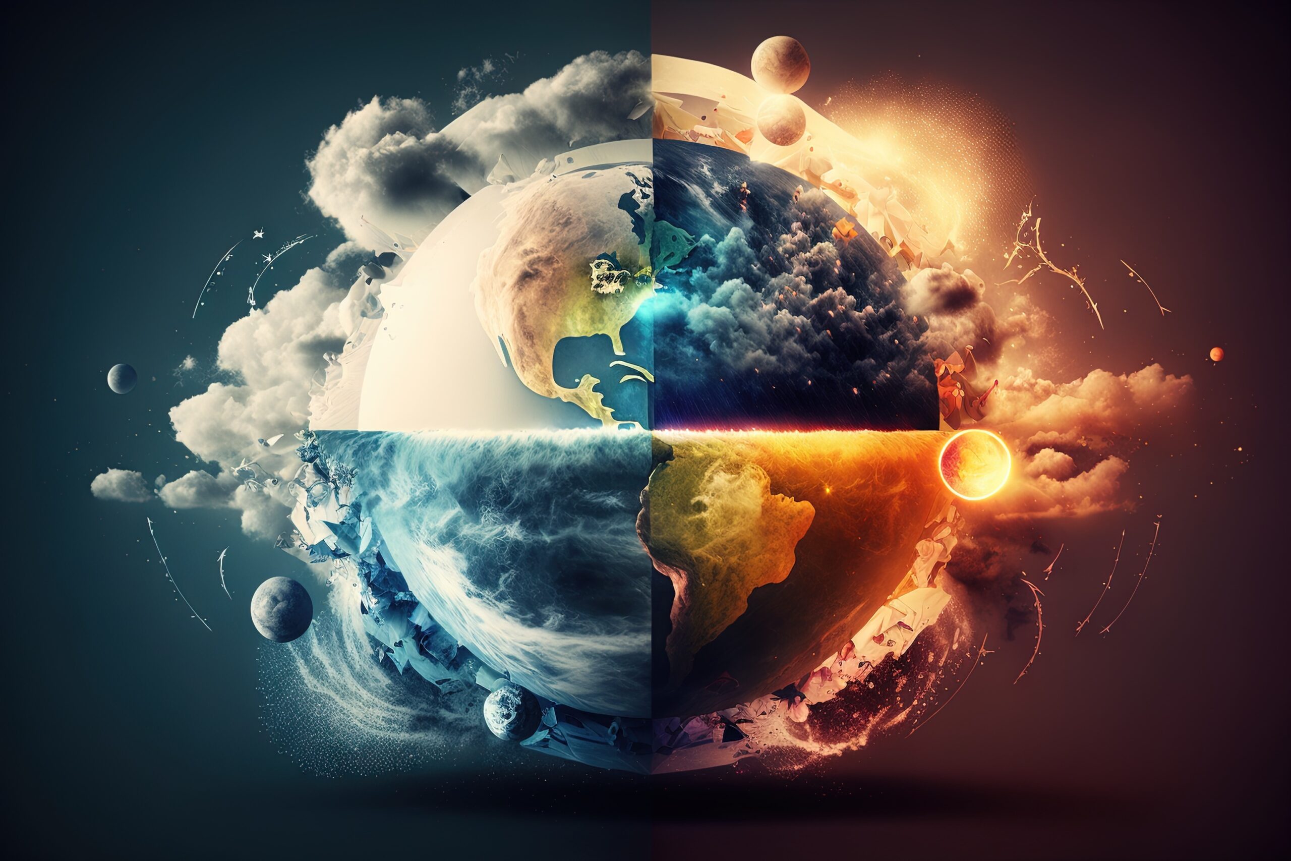 Abstrakte Welt der Meteorologie mit unterschiedlichen Wetter- und Klimaphänomenen